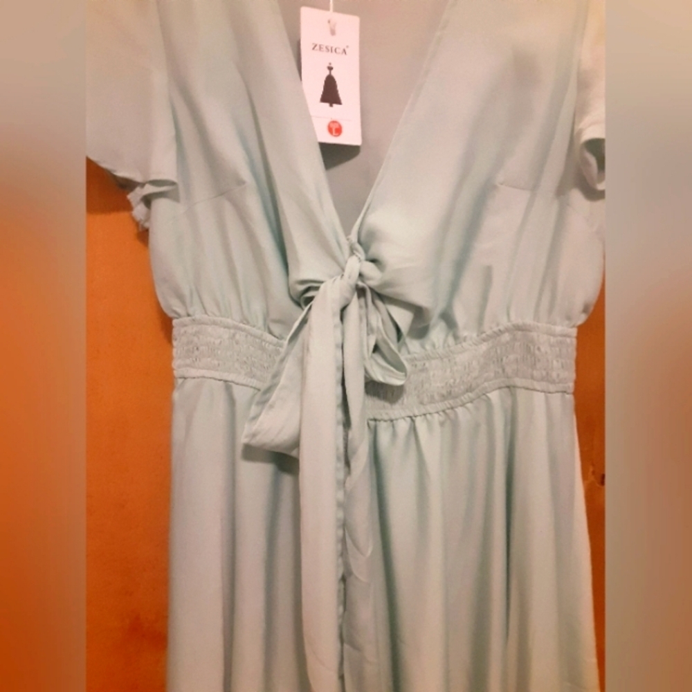 Zesica Women's Cottage Core Lagenlook Dress Size Large Flare And Tie Waist Aqua - Picture 2 of 8